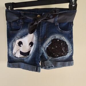 Denim Shorts with Smiley Patch & Black Sequin Accent